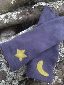 mitaines pur laine violet & étoiles~lune vert lichen