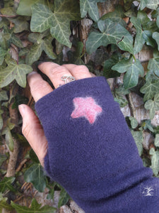 mitaines pur laine dark violet & étoiles roses