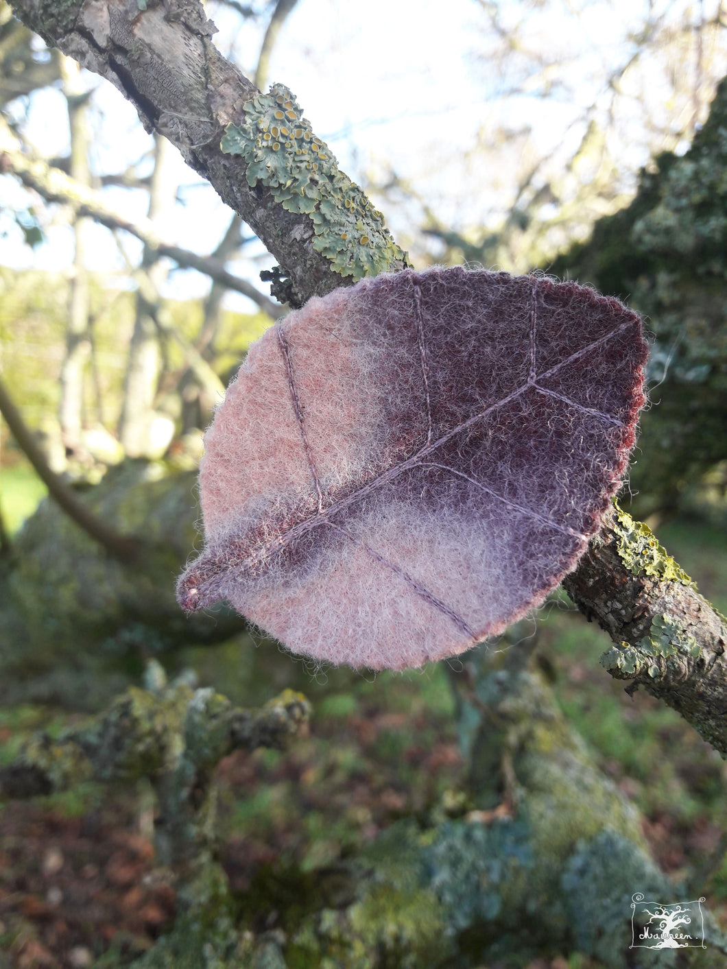 barrette feuille rose poudré/lie de vin dégradé